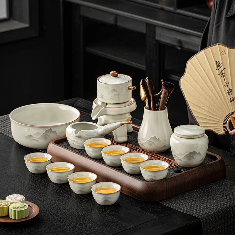 汝窑旋转自动茶具套装中式水墨风户外旅行懒人泡茶神器高端礼盒装