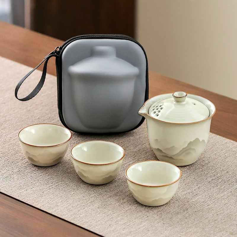 一壶三杯汝窑旅行茶具套装便携式泡茶壶功夫茶杯户外露营喝茶装备