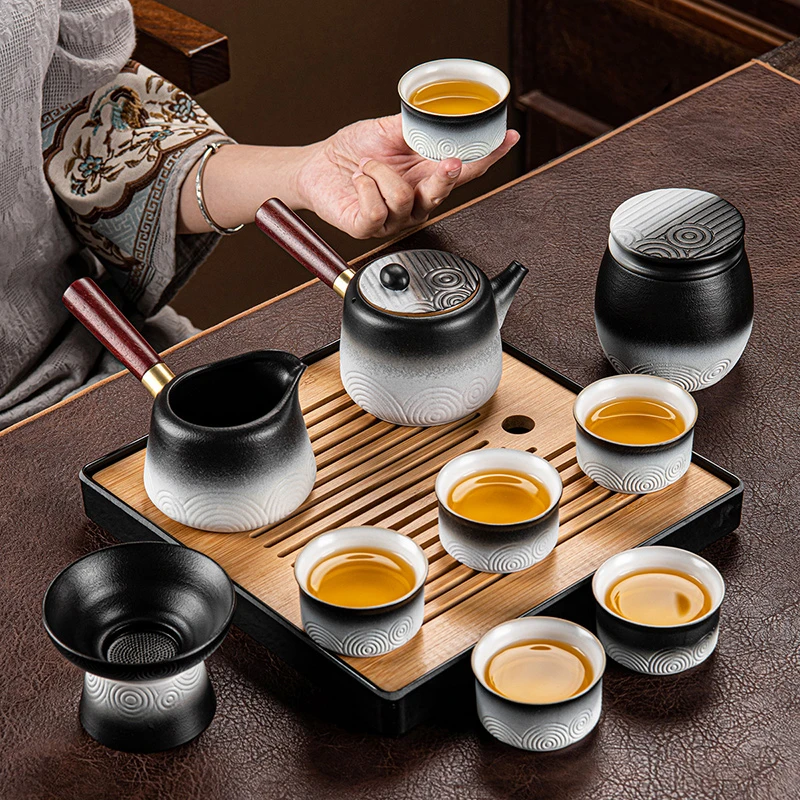 新款粗陶渐变功夫茶具套装家用办公室轻奢高档陶瓷侧把壶盖碗杯