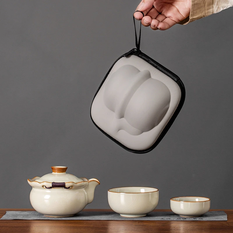 新款黄汝窑旅行茶具套装户外防烫手抓泡茶壶喝茶杯便携包定制LOGO