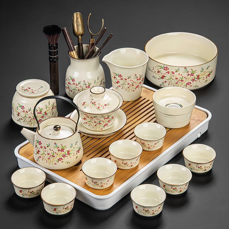 高档新款茶具套装整套茶盘女士粉枝桃花提梁壶盖碗套装待客泡茶