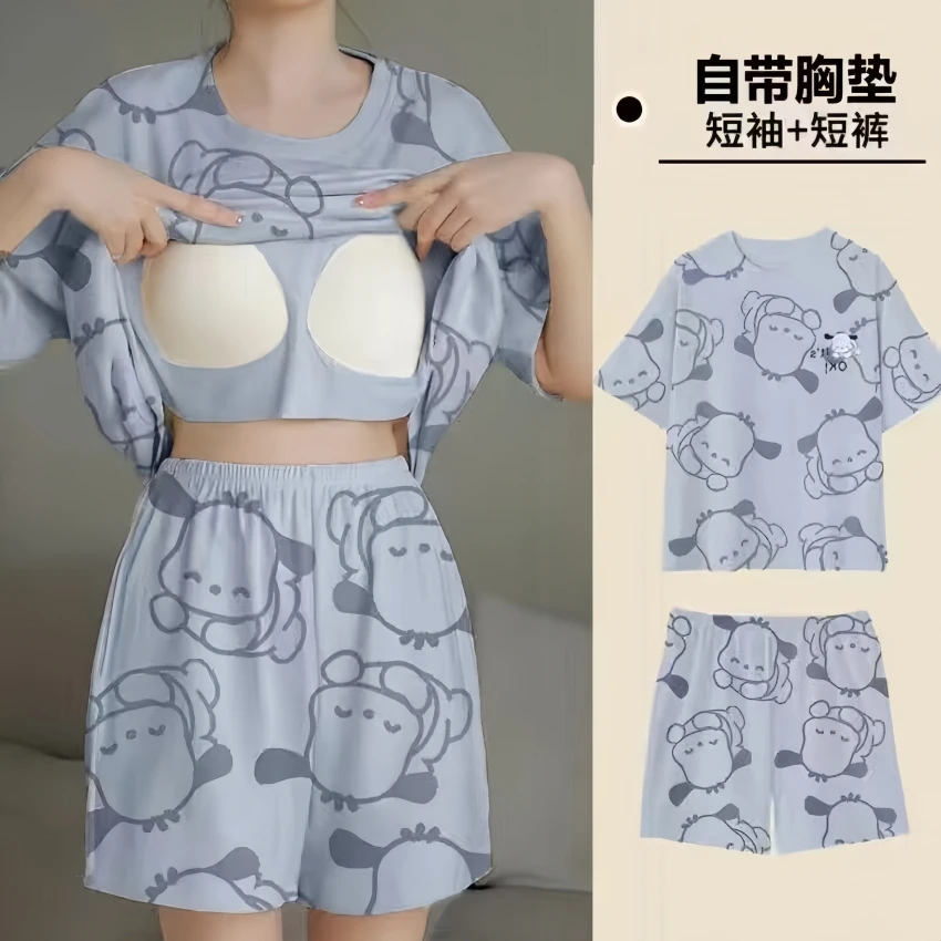 大码睡衣女夏季自带胸垫新款短袖短裤两件套薄款家居套装可外穿