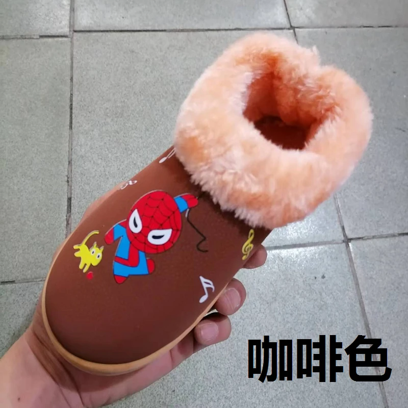 冬季男童女孩皮面防水加绒加厚保暖儿童卡通棉鞋防滑耐磨软底包跟