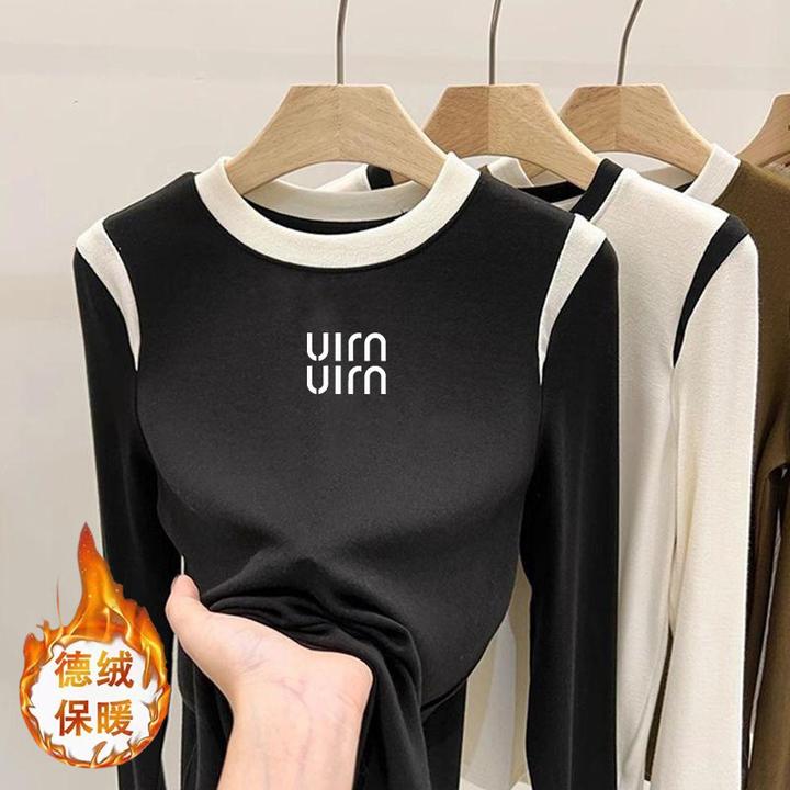 德绒打底衫女秋冬拼色圆领长袖t恤女显瘦加绒印花时尚上衣洋气