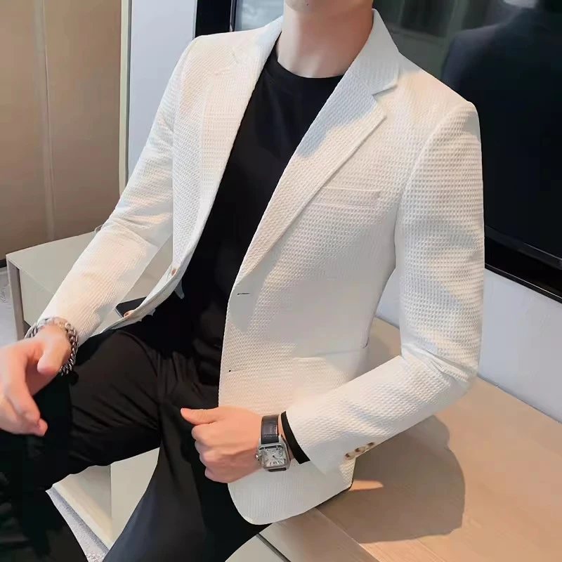 秋季新款华夫格休闲西服男士潮流时尚修身百搭小西装便服单西外套