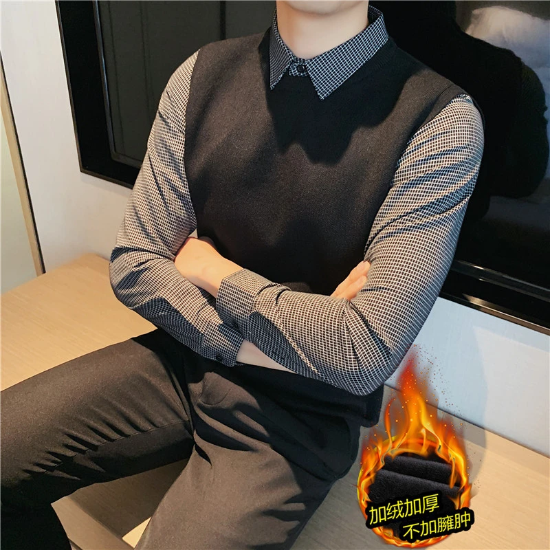 冬季高级感加绒加厚假两件衬衫领针织衫男士时尚套头毛衣JR1512