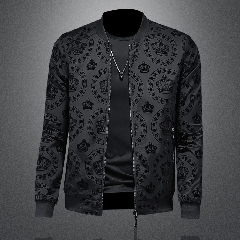 男士休闲外套春秋男装高级感潮流时尚百搭植绒印花夹克男修身上衣