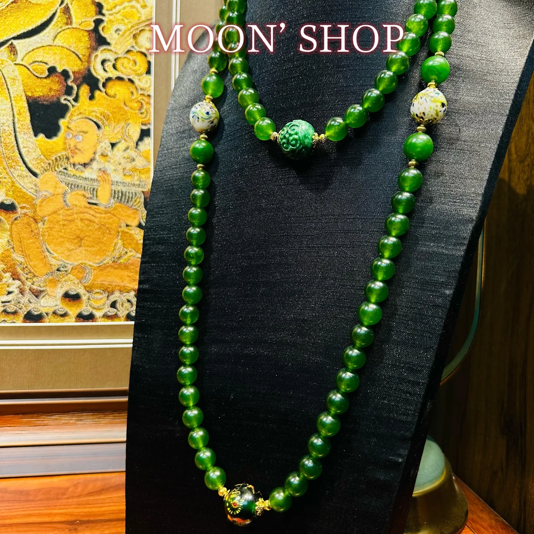 铜合金项链 Moonvintage首饰【复古绿色长款短款两条套装】