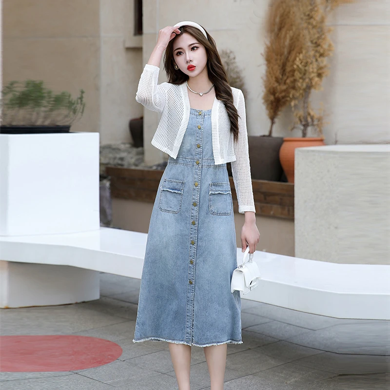 2024气质高腰时尚复古夏季中长款韩版小个子修身显瘦连衣裙二件套