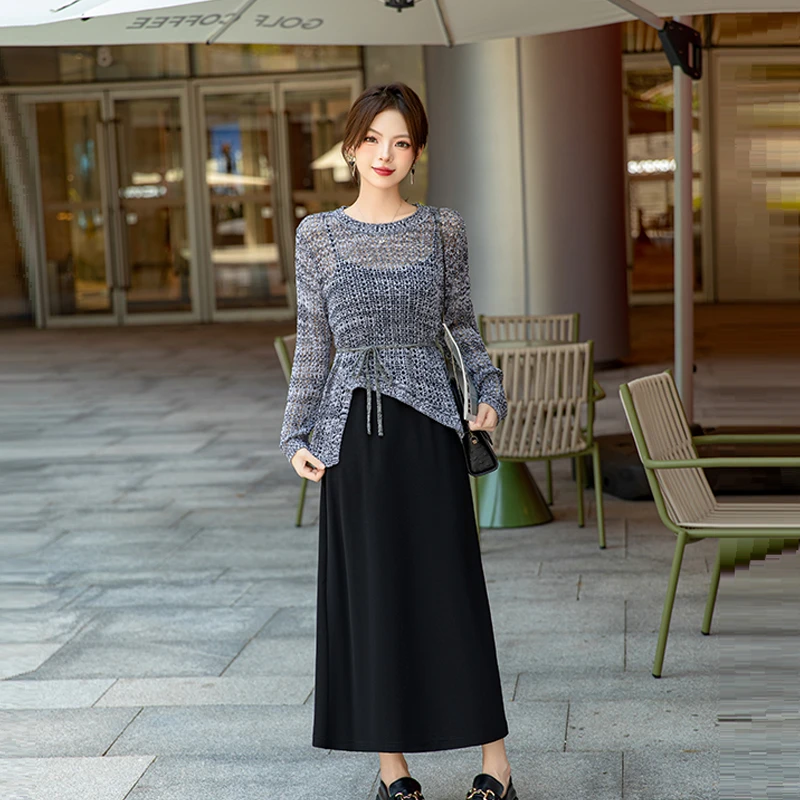 2024显瘦气质长袖洋气二件套连衣裙时尚收腰长款秋季女套装打底