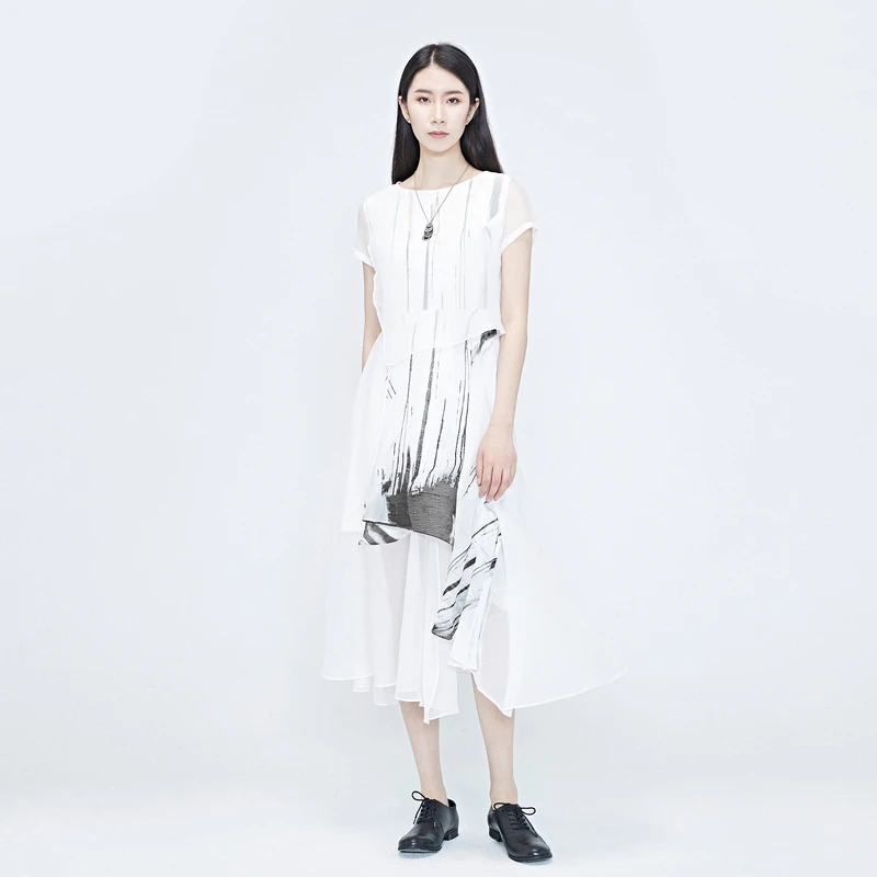 S·DEER圣迪奥夏季显瘦气质白色水墨印花时尚女装连衣裙S20281222