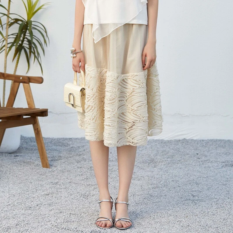 S·DEER圣迪奥百搭夏季轻奢时尚气质网纱拼接优雅半身裙S232Z1153