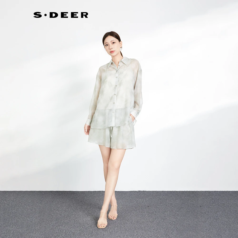 S·DEER圣迪奥女装夏季轻奢设计感印花长袖休闲百搭衬衫S242Z0518