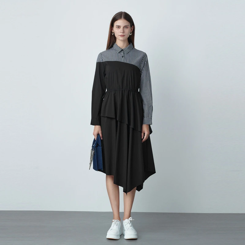 S·DEER条纹拼接修身女士时尚显瘦气质衬衫不规则连衣裙S221Z1203