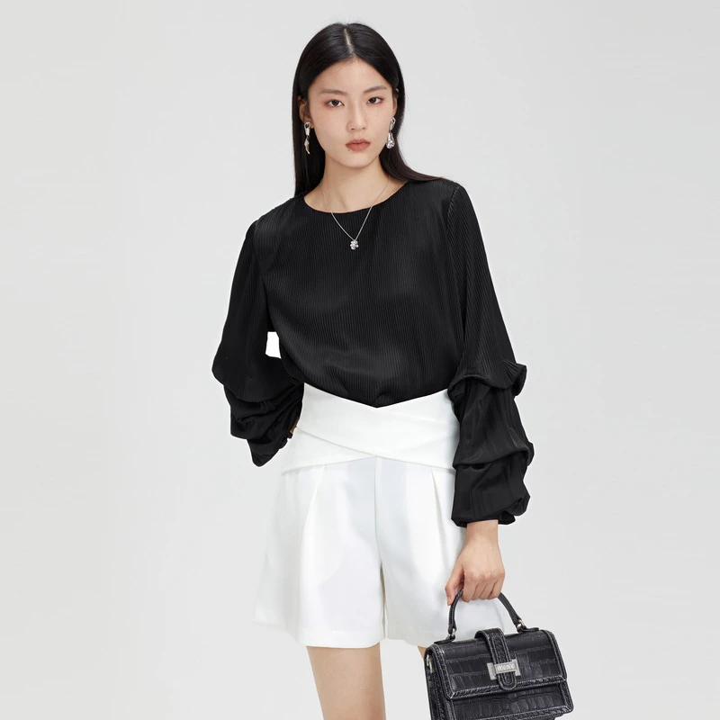 S·DEER圣迪奥百搭时尚气质春季轻奢女装黑色长袖衬衫S231Z0509