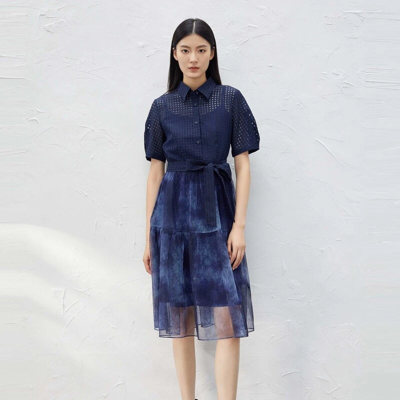 S·DEER华夫格显瘦拼接气质时尚通勤百搭简约夏季长裙S232Z12MH