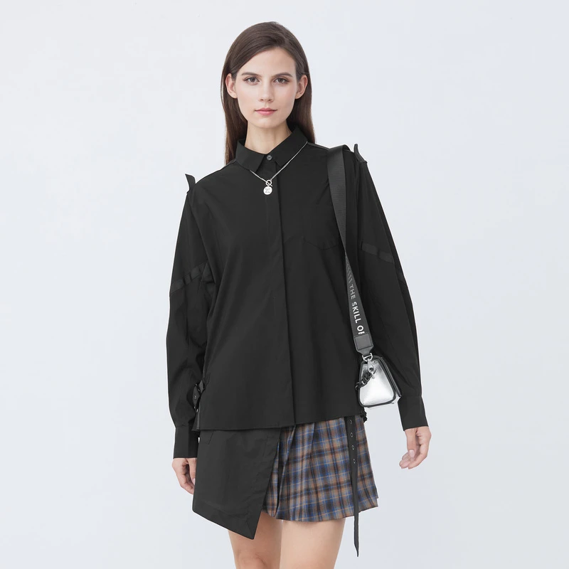 S·DEER圣迪奥轻奢时尚气质通勤百搭秋季黑色休闲衬衫S21380503