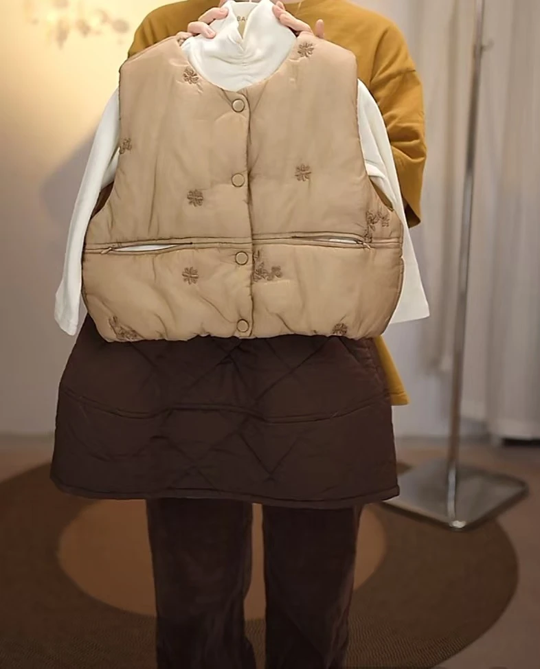 【BA黎-260】2024冬女童韩系卡其绣花棉马甲&咖色a字棉裙