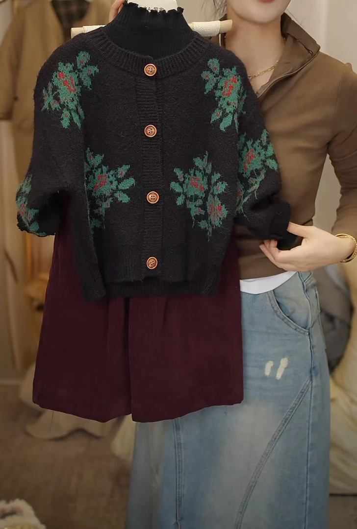 现货【BA黎-198】韩版女童复古金扣刺绣绿花毛衣&灯芯绒阔腿裤