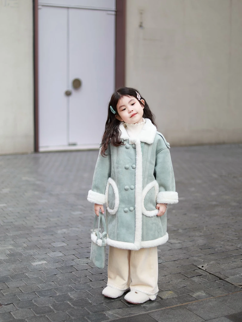 现货【BA黎-241】2024冬女童小清新薄荷绿加绒加厚皮毛一体中长外套