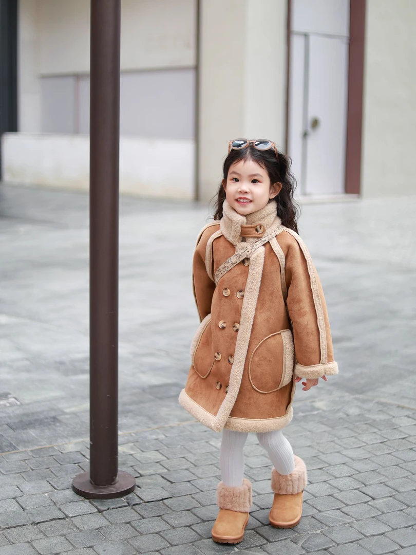 现货【BA黎-276】韩系卡其立领双排扣两面穿中长款皮毛一体外套