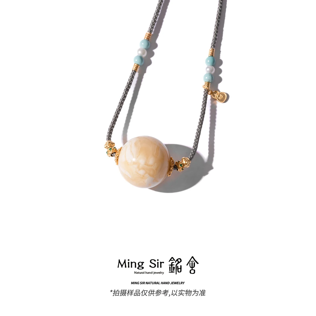 【铭舍】天然俄料蜜蜡圆珠编绳花托款浓白花特锁骨链颈饰设计款珠宝