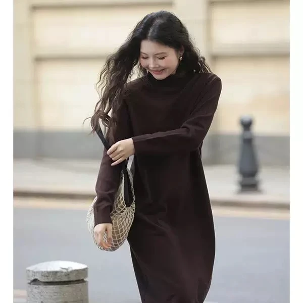 咖啡色高领羊毛连衣裙LSLYQ2112
