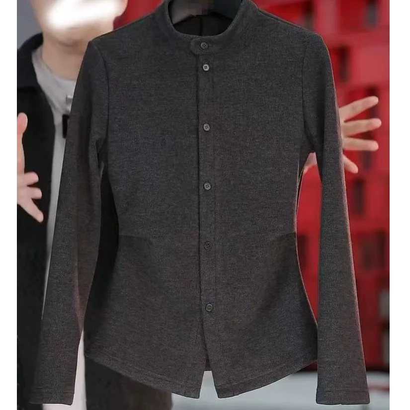 高端简约灰色圆领长袖女2025春秋季新款轻奢气质修身收腰显瘦上衣