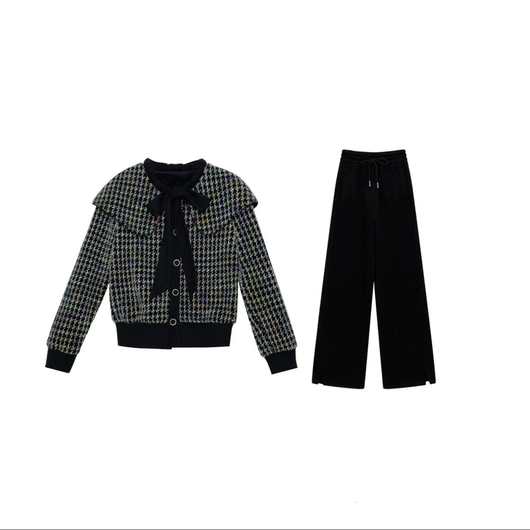 2025新款秋冬装休闲气质百搭千鸟格女装时尚加绒上衣洋气减龄套装