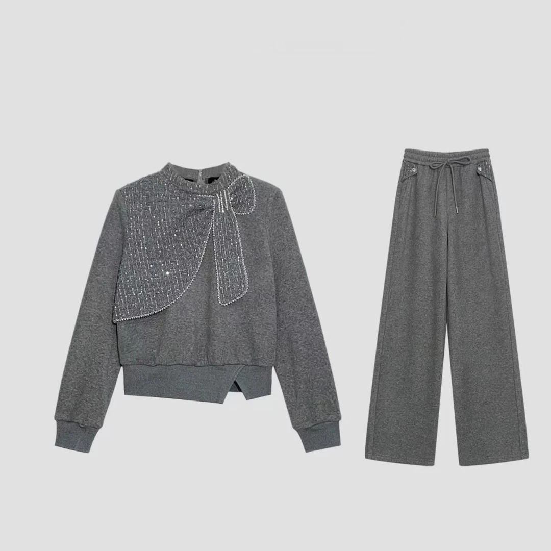 气质新款2024秋冬套装女加绒加厚百搭时尚修身灰色上头裤子两件套