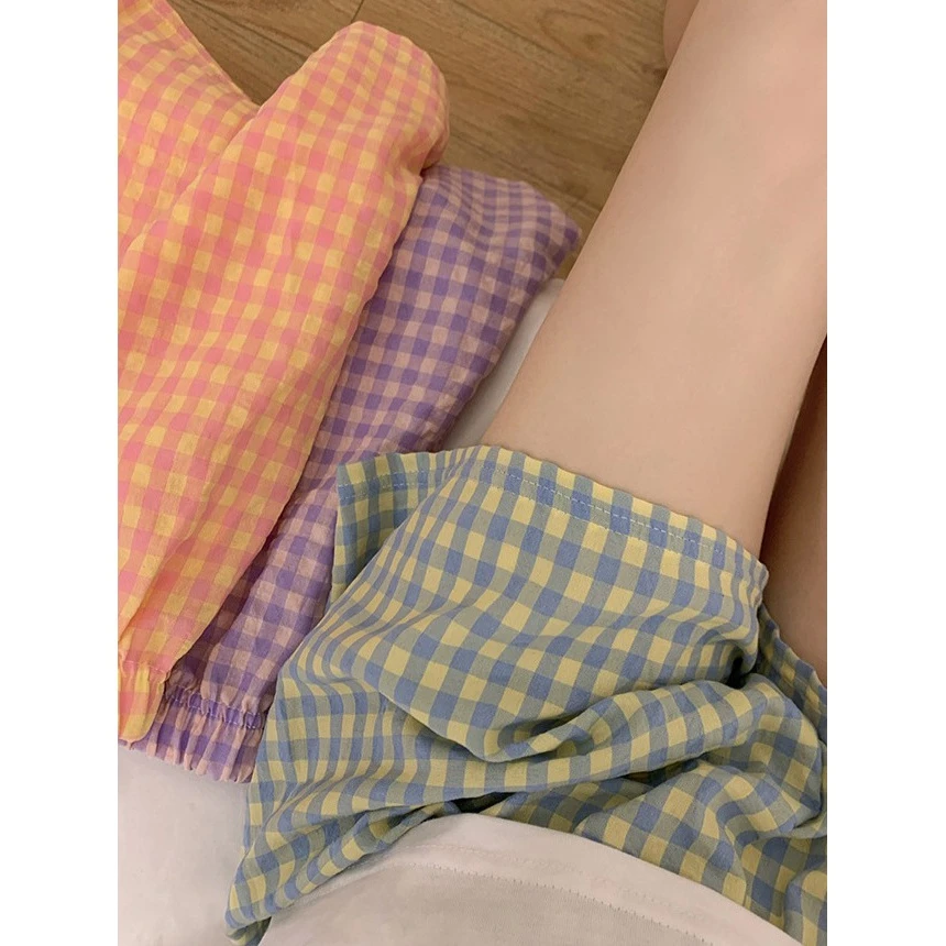 睡裤女长裤2024春夏新款遛弯薄款休闲宽松舒适格子家居短裤女夏季