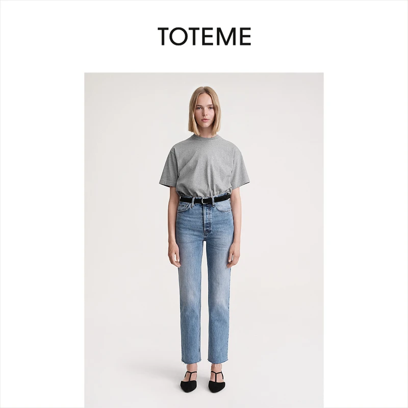 TOTEME女装做旧蓝色挺括棉质高腰九分直筒经典牛仔裤