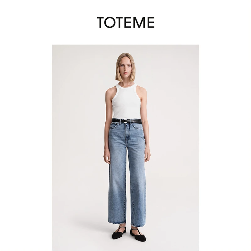 TOTEME女装Flare做旧蓝色挺括高腰九分阔腿牛仔裤