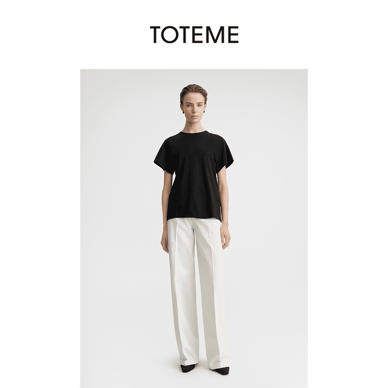 TOTEME女装黑色棉质弧形接缝圆领针织短袖T恤上衣