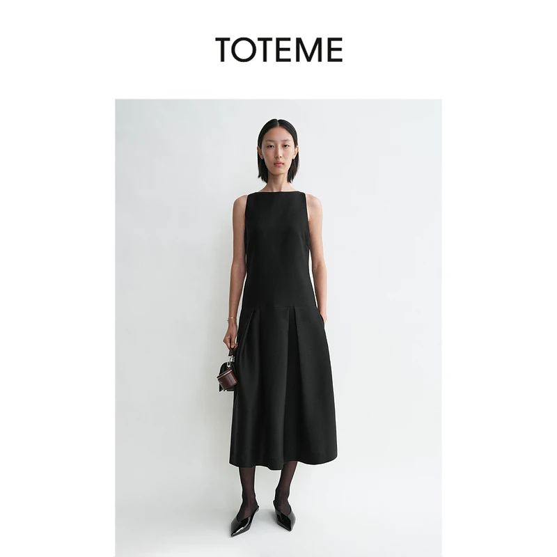 TOTEME女装黑色羊毛无袖褶裥连衣裙