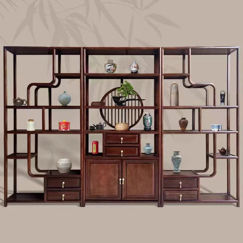 新中式木质实木博古架茶叶展示柜客厅屏风隔断高档大气茶柜木色
