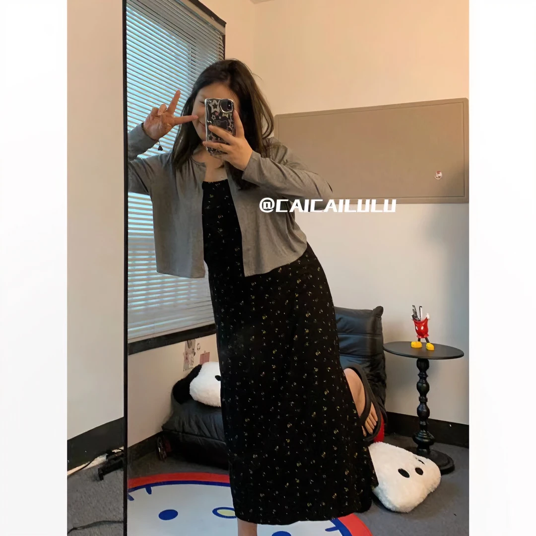 【断码清仓】吊带碎花裙显瘦黑色百搭微胖吊带连衣裙百搭气质法式