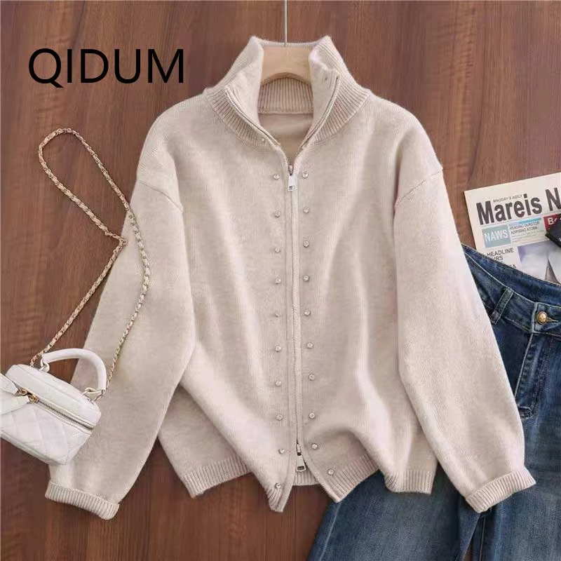 77#秋冬加厚长袖针织开衫双拉链镶嵌锆石翻领百搭显瘦重工外套女