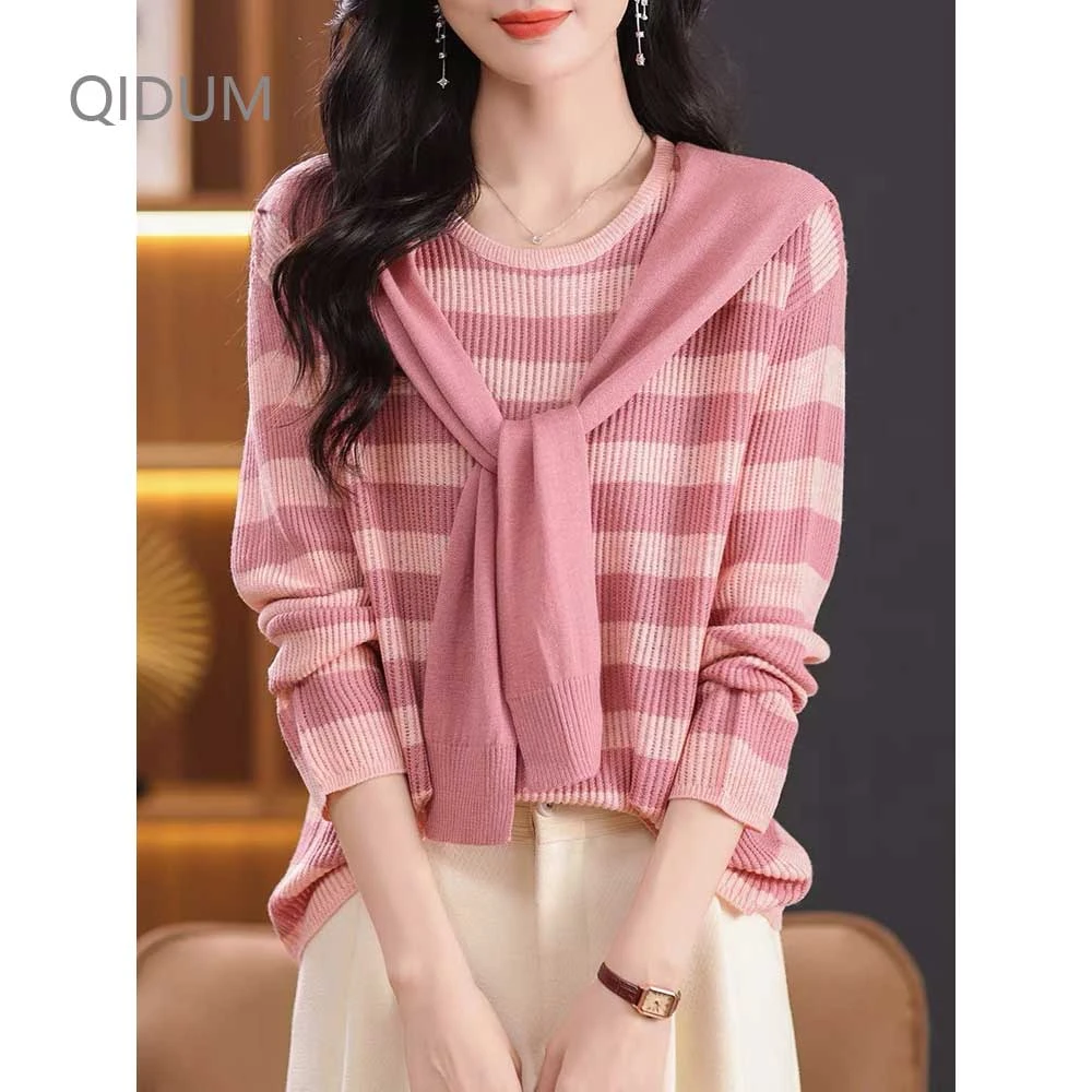 韩系披肩假两件休闲上衣女春季款圆领厚款毛衣条纹长袖针织衫套头