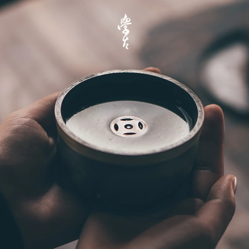 学古|元镇建水 中式复古手工锡制储水式古钱纹渣斗建水 185ml