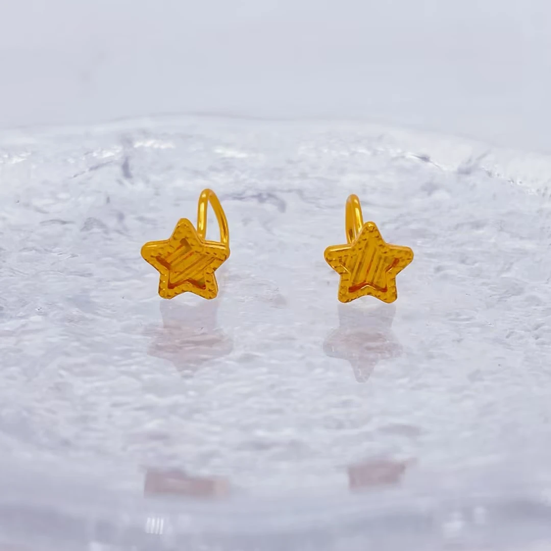 足金999 黄金弯针彩色拉丝五角星金耳钉 1.57