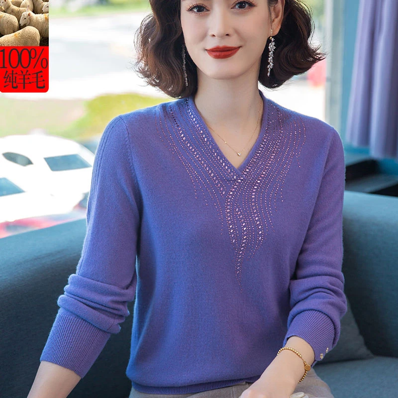 100%纯羊毛秋冬洋气妈妈毛衣新款中老年宽松大码保暖羊毛衫打底衫