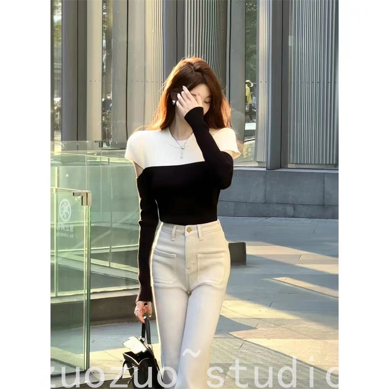 【永不言变】新款女冬拼接撞色手臂镂空针织衫圆领套头长袖打底衫潮