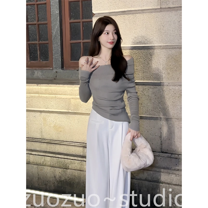 【群青日和】女秋新款不规则斜肩针织衫上衣修身套头别致打底衫