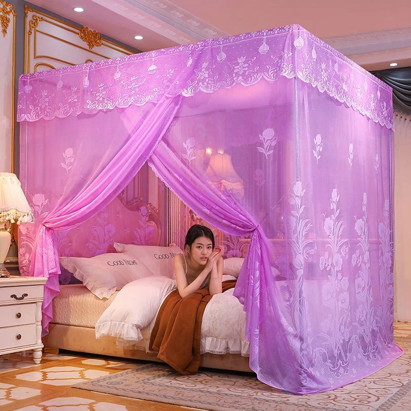 宫廷落地蚊帐家用加密加厚防尘顶双人床卧室居家好物三开门单蚊帐