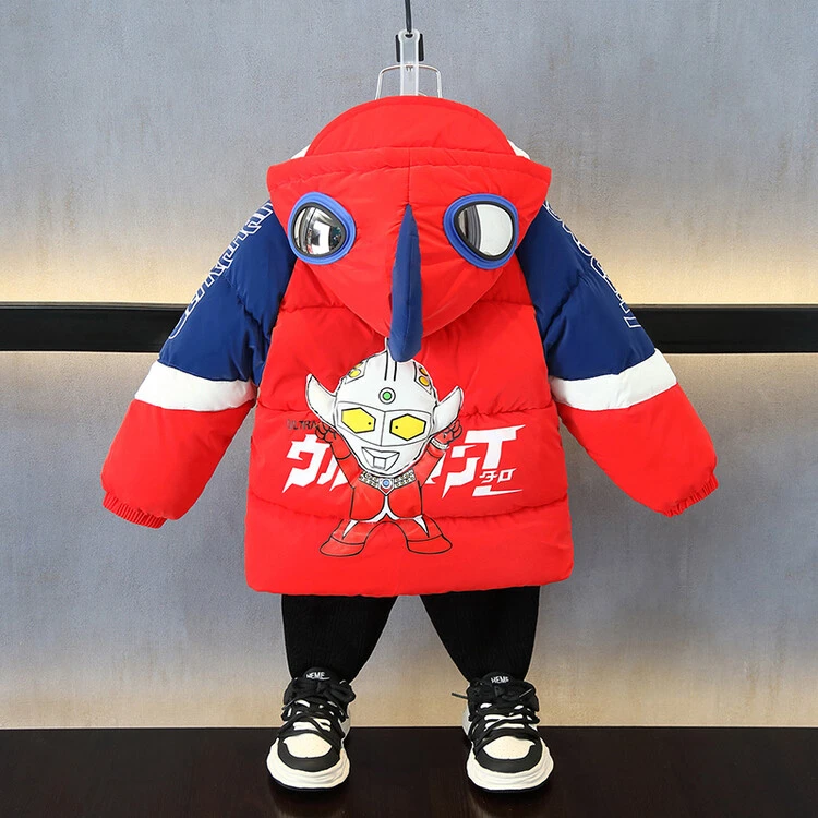 2023新款冬季中长款炸街洋气中小童奥特曼前后加加绒加厚保暖棉服