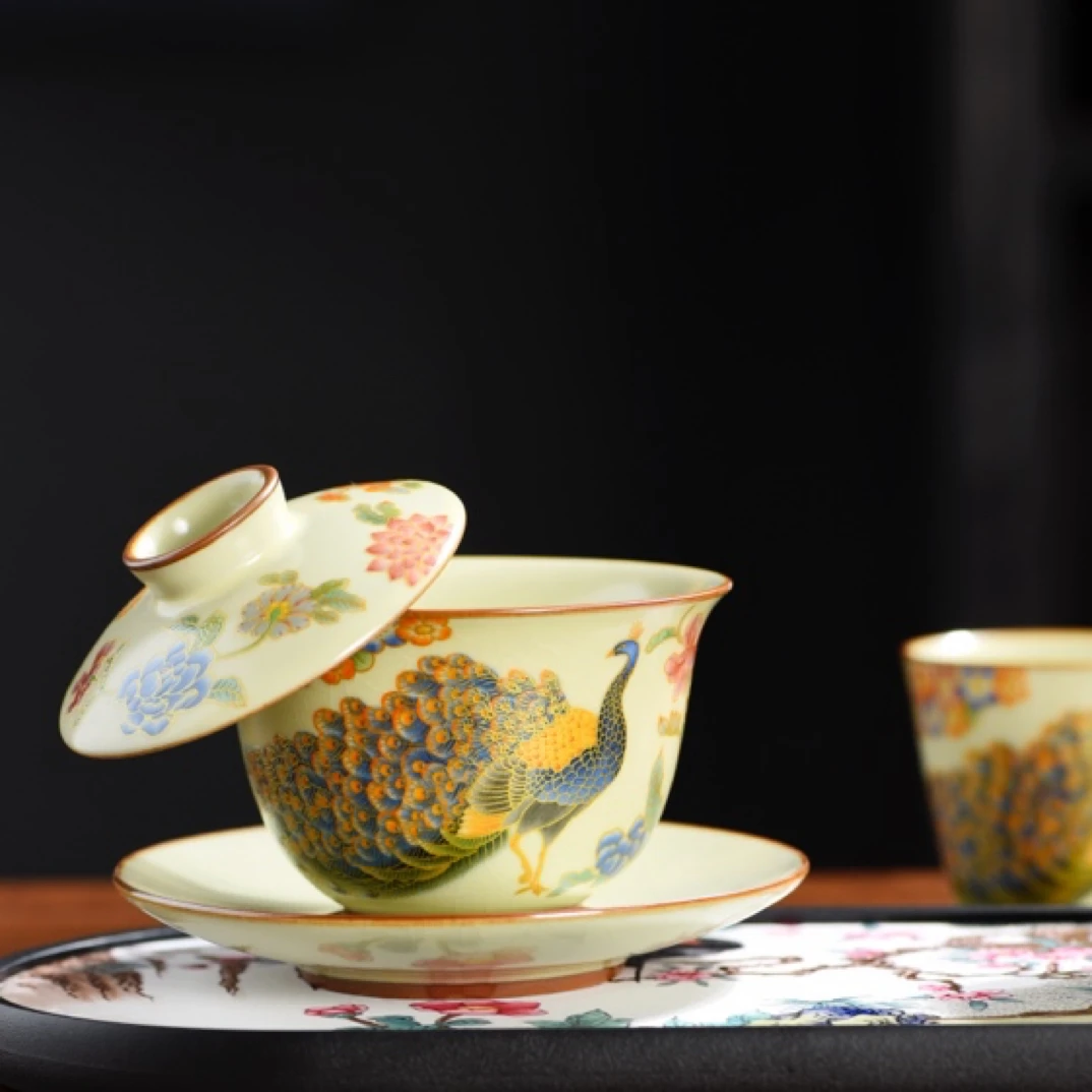 岑汝三才孔雀盖碗悬停可养110毫升