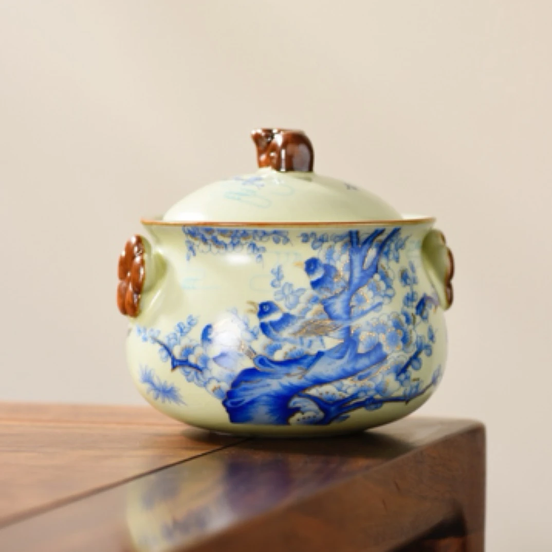 岑汝手抓壶宝瓶蓝色喜鹊开片可养茶壶