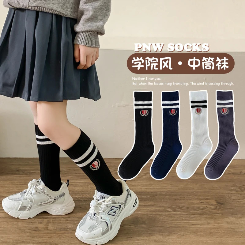 女童袜子春秋款新款长筒袜韩系女孩学院风双杠刺绣小腿袜宝宝袜秋