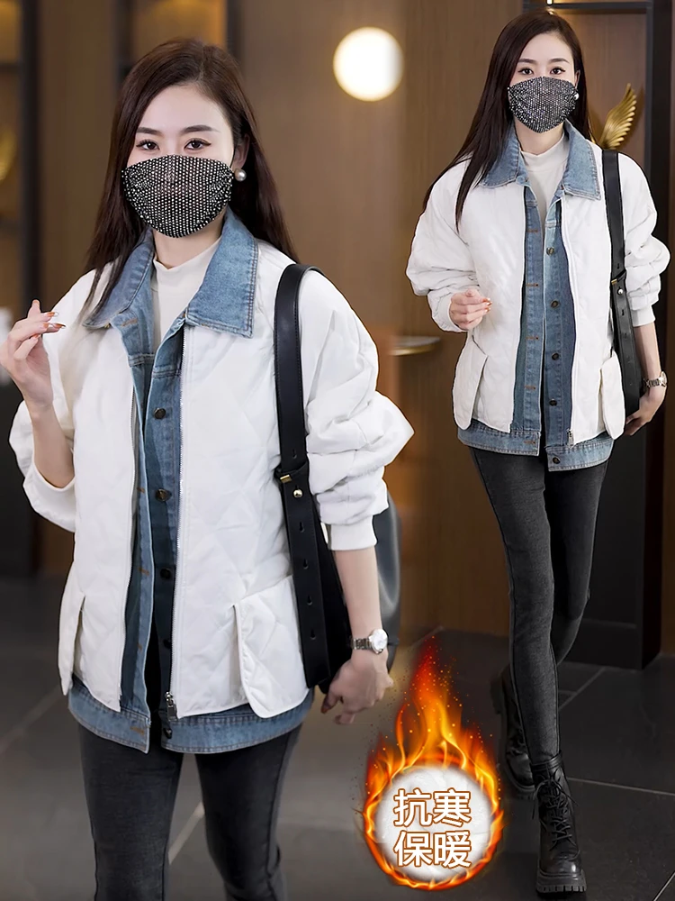 大码牛仔拼接假两件菱形格棉衣女2024冬季新款设计感小棉服外套